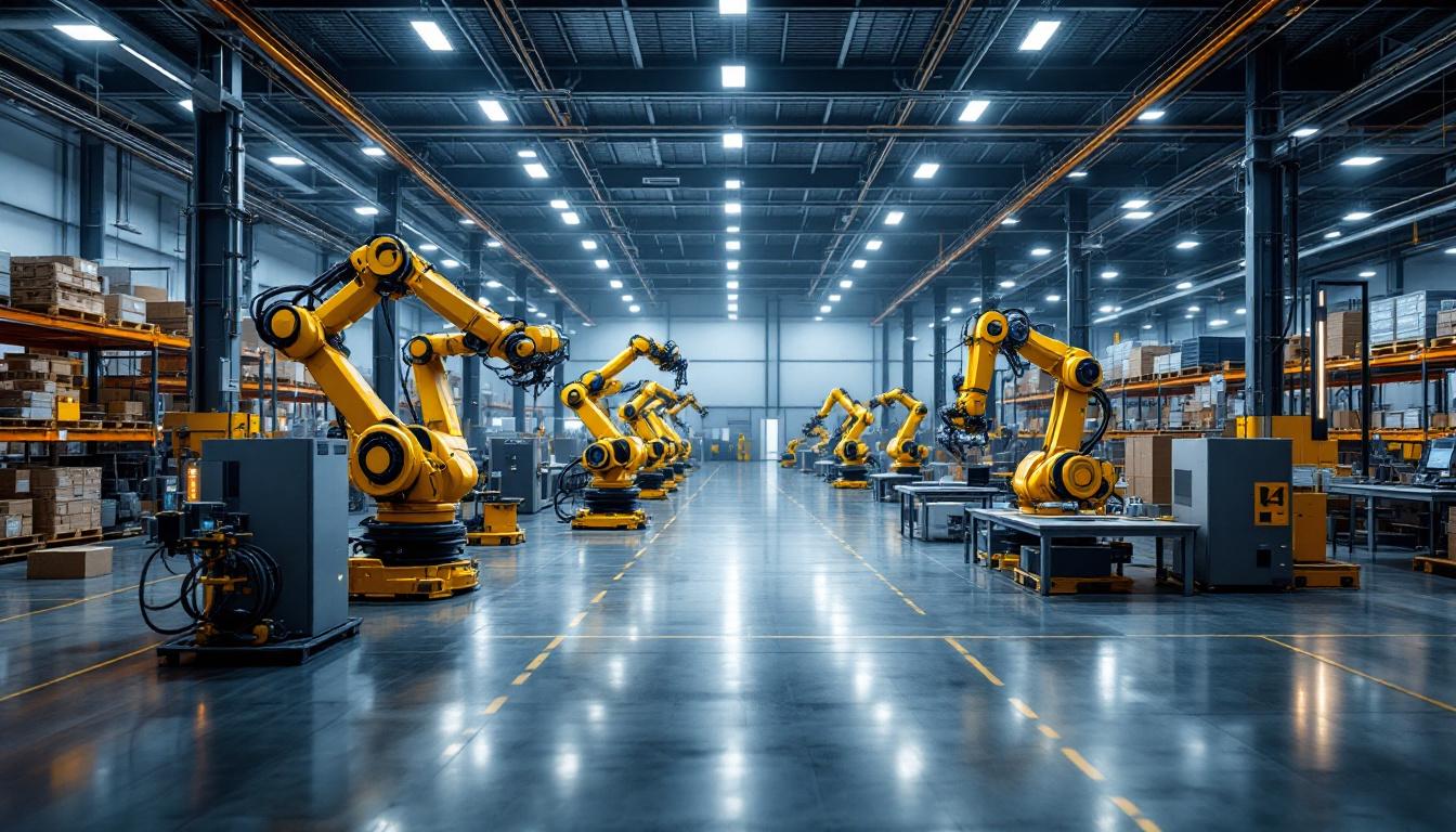 A photograph of a modern warehouse interior showcasing industrial robots in action