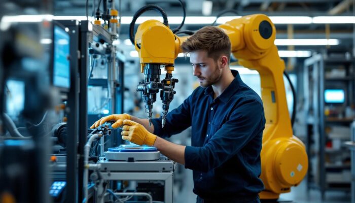 A photograph of a skilled intern working hands-on with an industrial robotic system at boston scientific