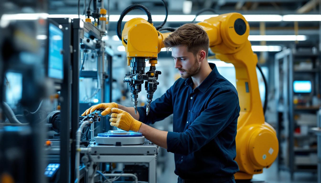 A photograph of a skilled intern working hands-on with an industrial robotic system at boston scientific