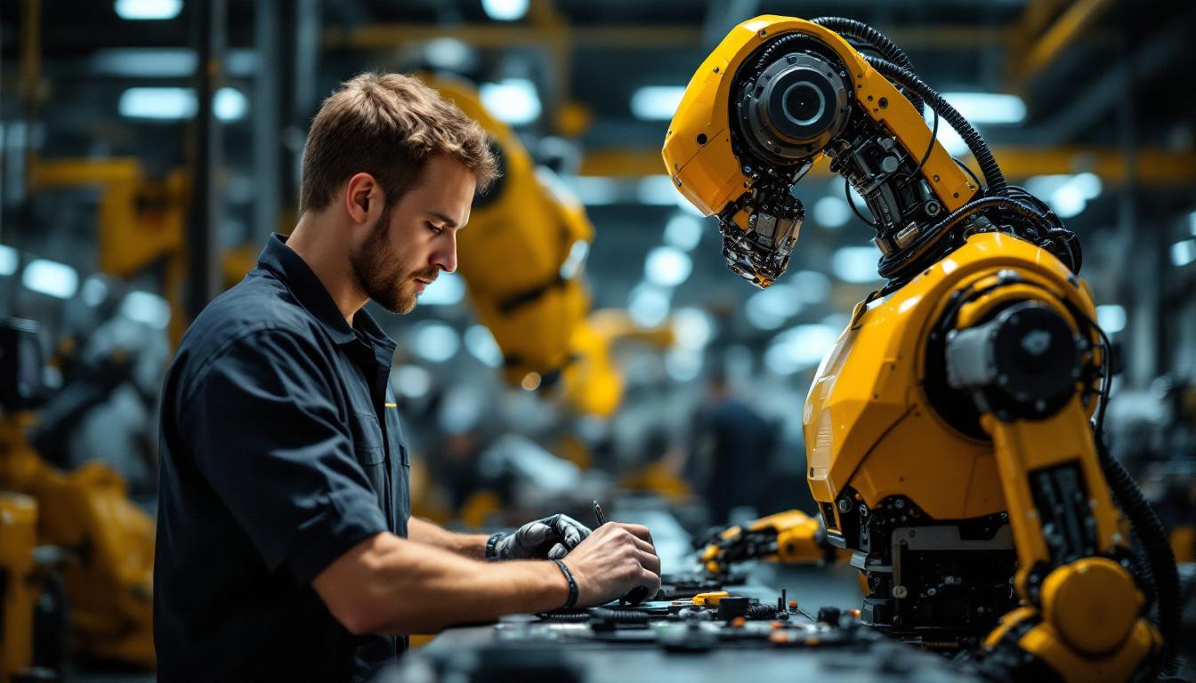 A photograph of a skilled technician working alongside an industrial robot in a modern auto repair shop