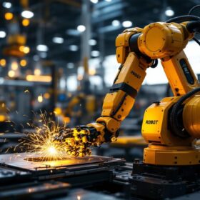 A photograph of a dynamic industrial robot in action within a modern zurich manufacturing facility