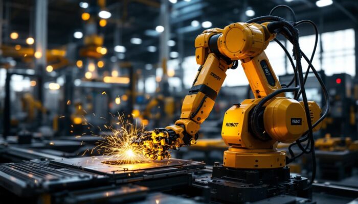 A photograph of a dynamic industrial robot in action within a modern zurich manufacturing facility