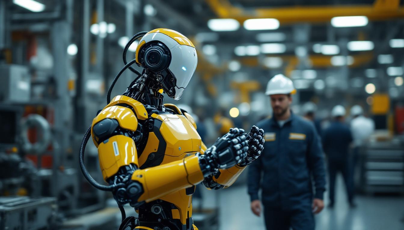A photograph of capture a photograph of a modern industrial robot in action within a manufacturing facility