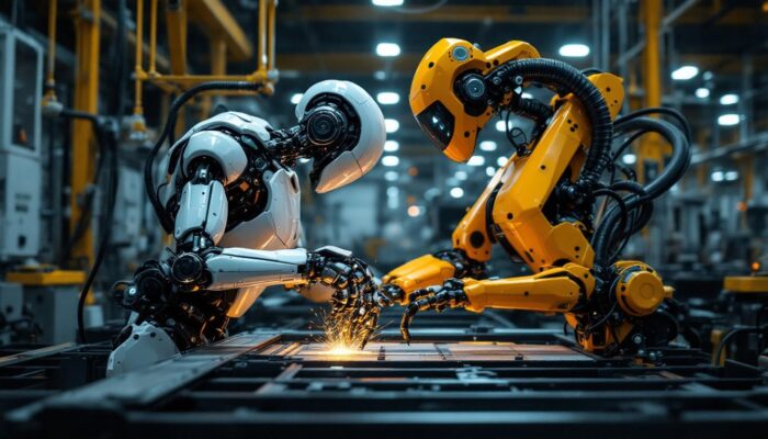 A photograph of a sleek industrial robot in action
