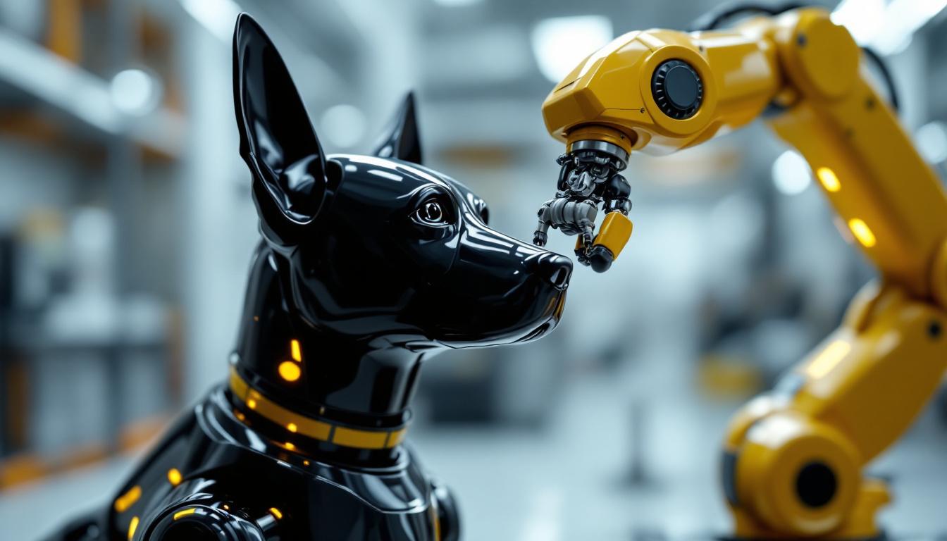 A photograph of a sleek industrial robotic arm interacting with a lifelike 3d dog model