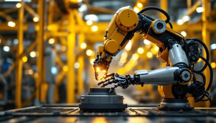 A photograph of a sleek industrial robot in action