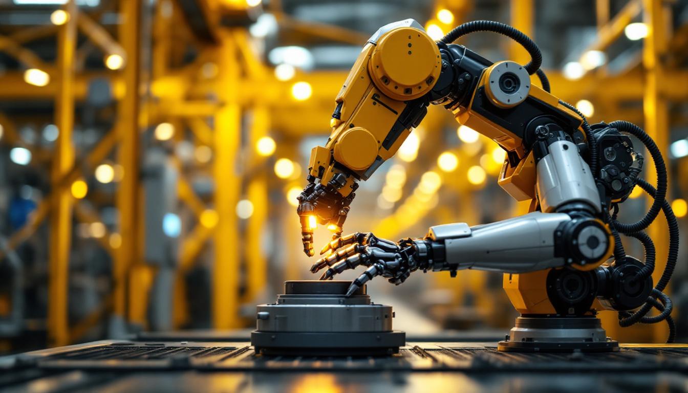A photograph of a sleek industrial robot in action