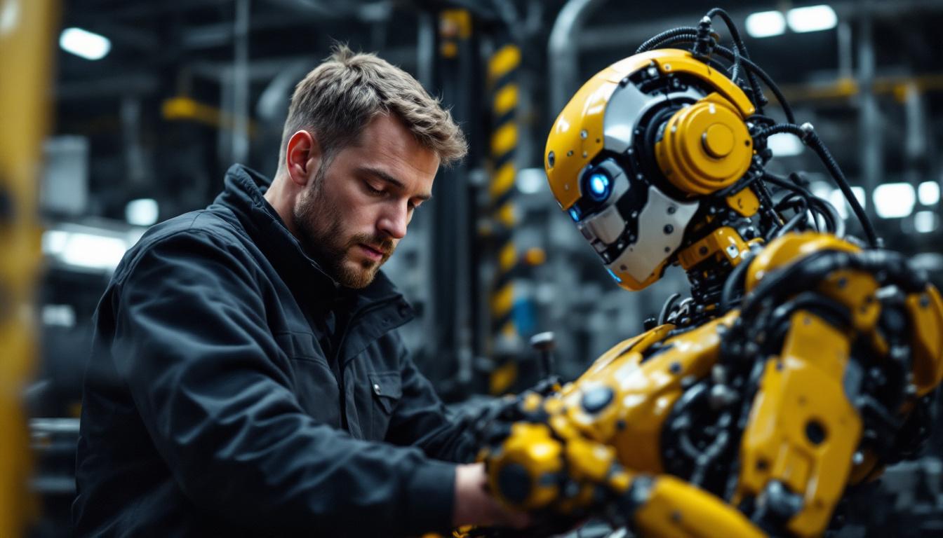 A photograph of a skilled engineer working on an industrial robot in a modern manufacturing setting