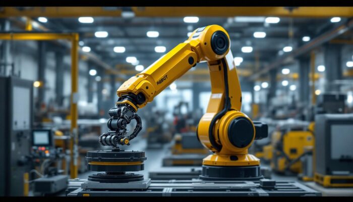 A photograph of a sleek industrial robotic arm in action within a modern warehouse setting