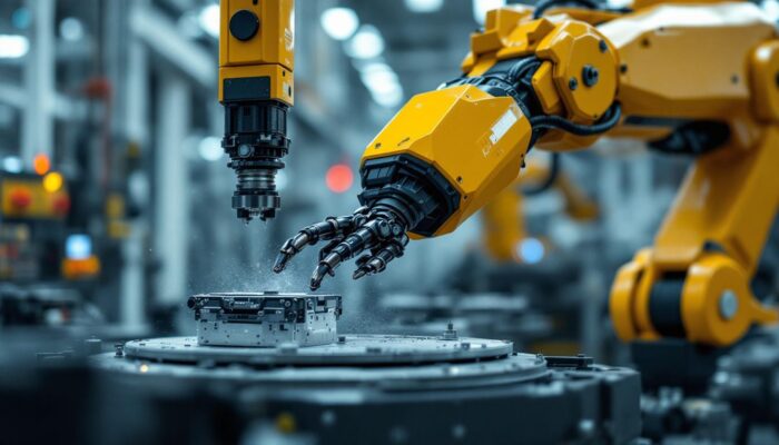 A photograph of a dynamic industrial setting featuring a robotic arm in action