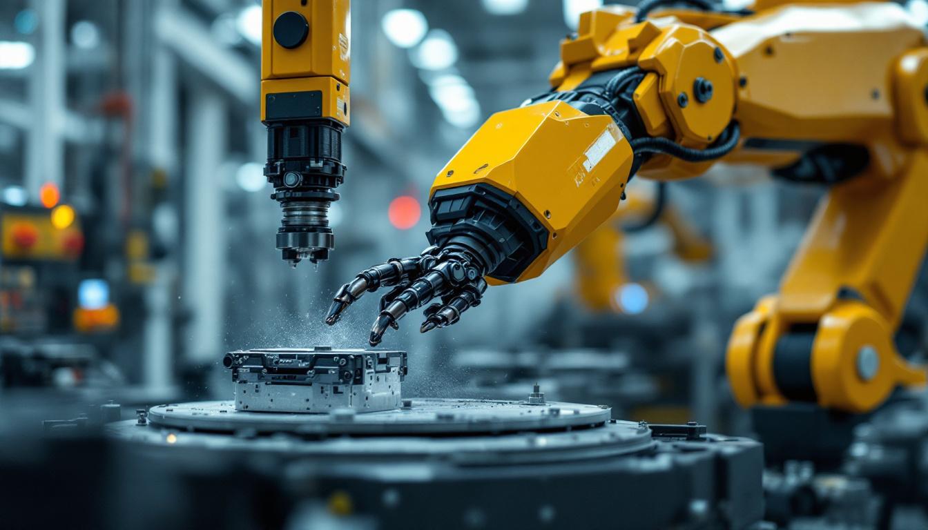 A photograph of a dynamic industrial setting featuring a robotic arm in action