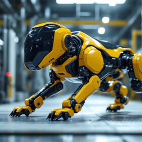 A photograph of a sleek industrial robotic dog in action