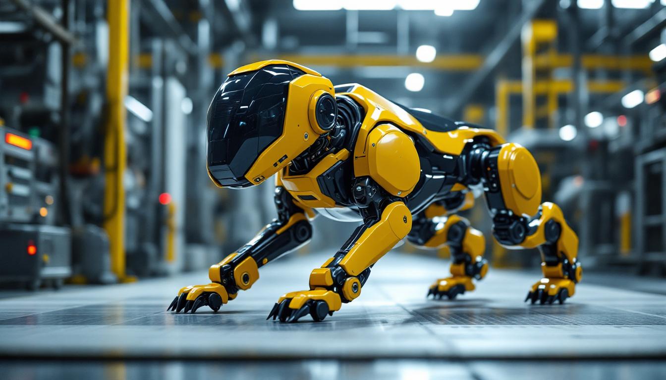 A photograph of a sleek industrial robotic dog in action