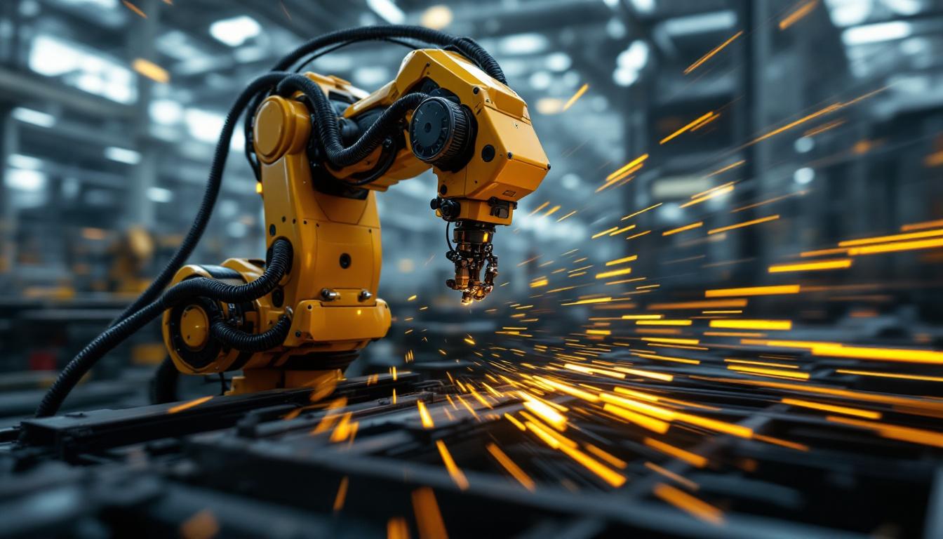 A photograph of a dynamic industrial robot in action