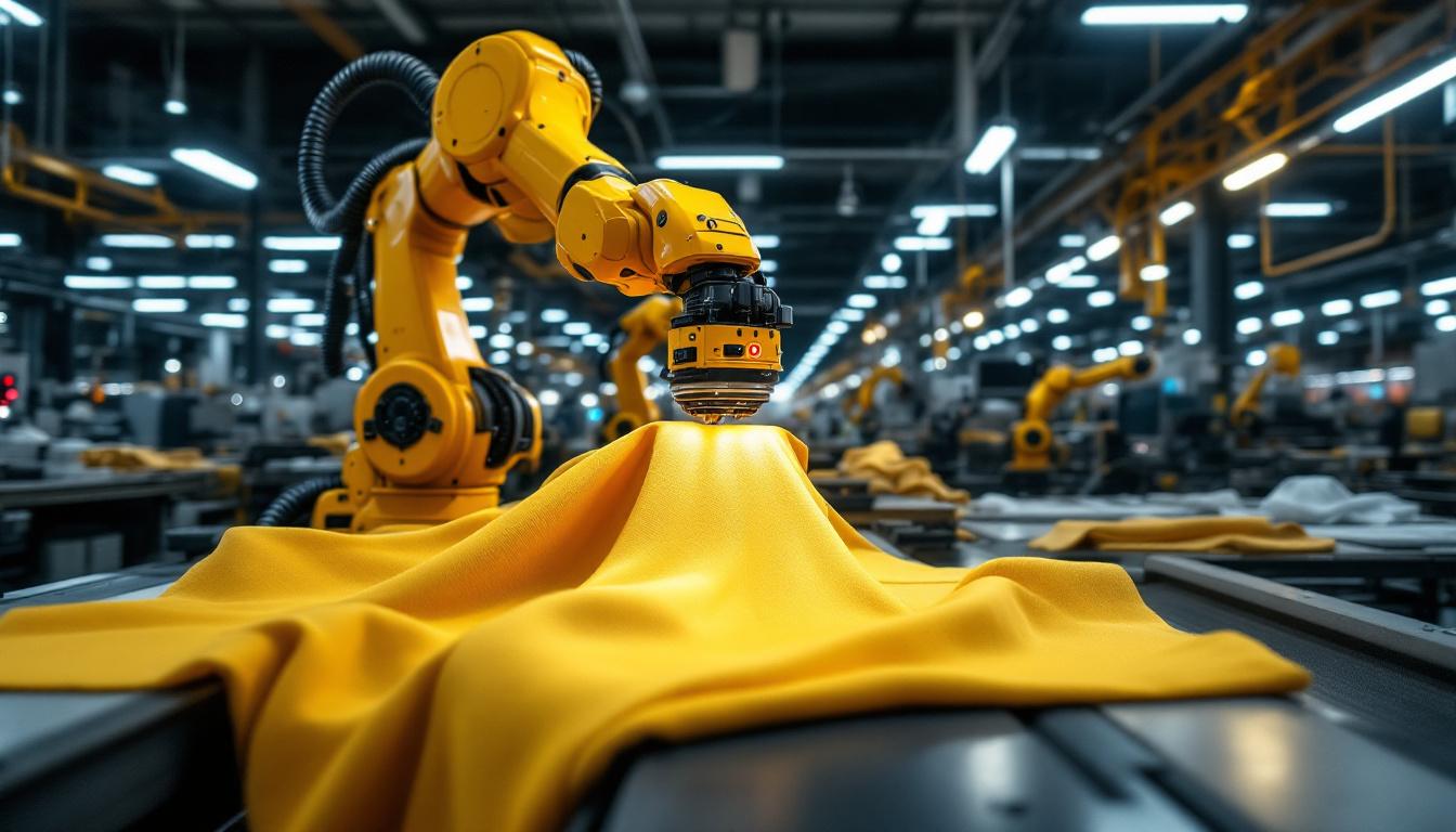 A photograph of a dynamic industrial setting in boston where a robotic arm is skillfully folding fabric