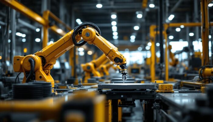 A photograph of a sleek industrial robotic arm in action within a modern manufacturing facility