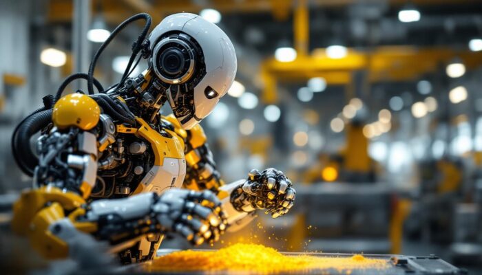 A photograph of a sleek industrial robot in action