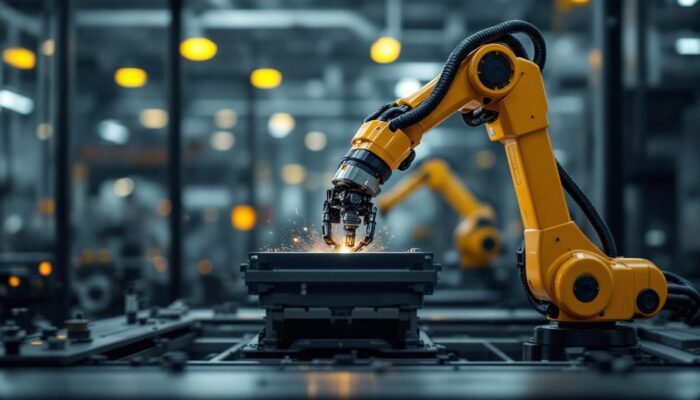 A photograph of a sleek industrial robotic arm in action