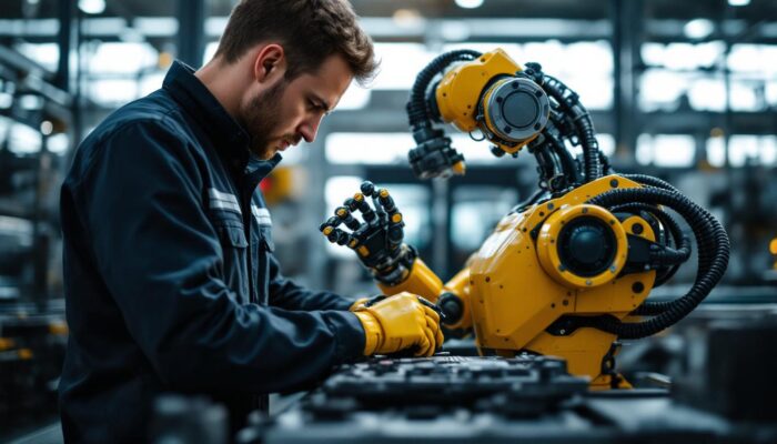 A photograph of a skilled technician working alongside an industrial robot in a modern manufacturing setting