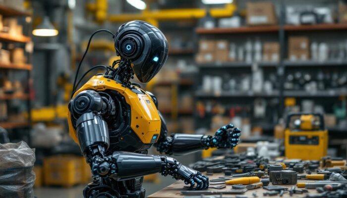 A photograph of a sleek industrial robot in action within the d e turner & co hardware store