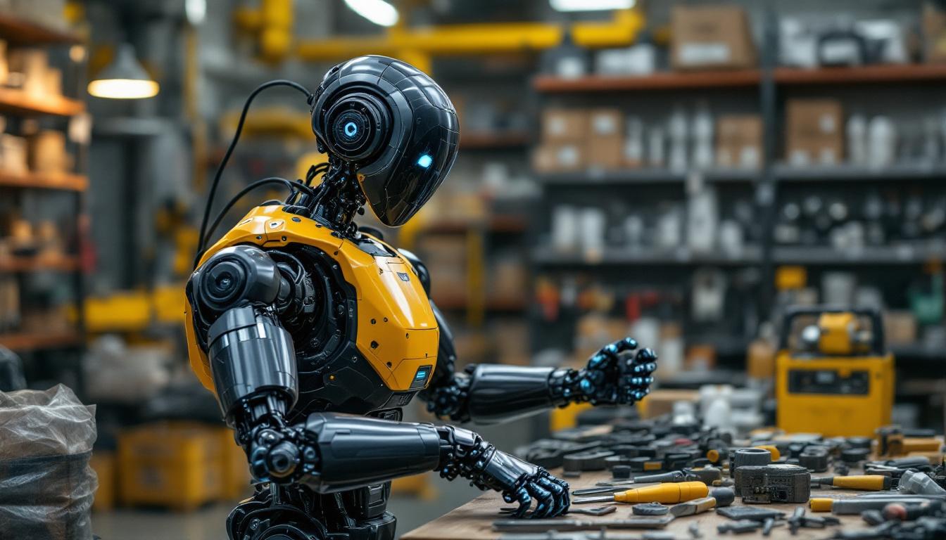 A photograph of a sleek industrial robot in action within the d e turner & co hardware store