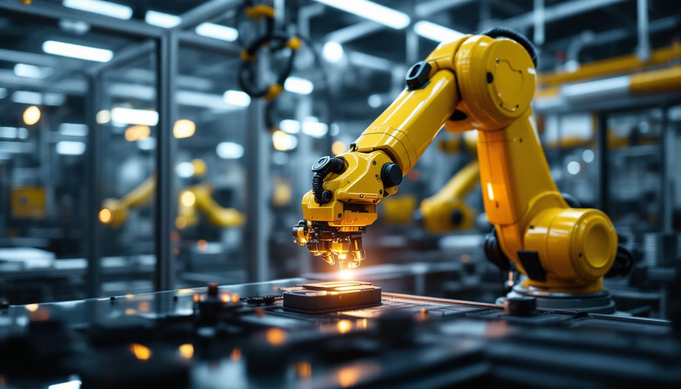 A photograph of a sleek industrial robotic arm in action at a boston scientific facility