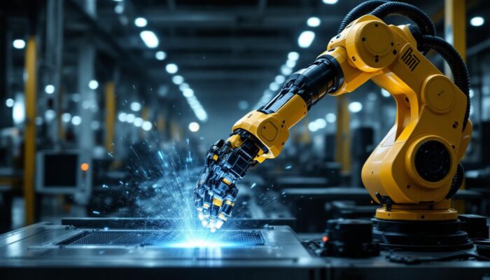 A photograph of a sleek industrial robotic arm in action within a modern manufacturing setting