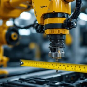 A photograph of a close-up shot of an industrial robotic arm in action