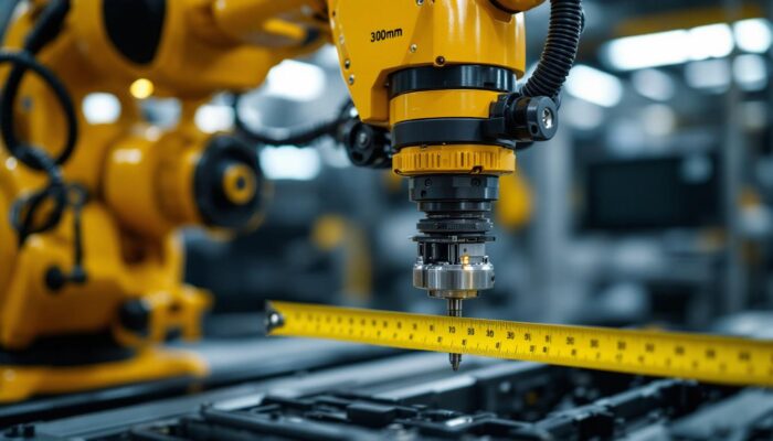 A photograph of a close-up shot of an industrial robotic arm in action