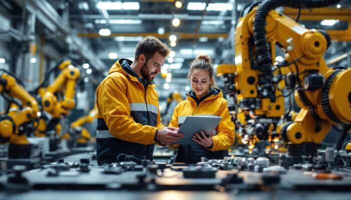 A photograph of a dynamic industrial setting showcasing a software engineering manager collaborating with a team of engineers around advanced robotic machinery