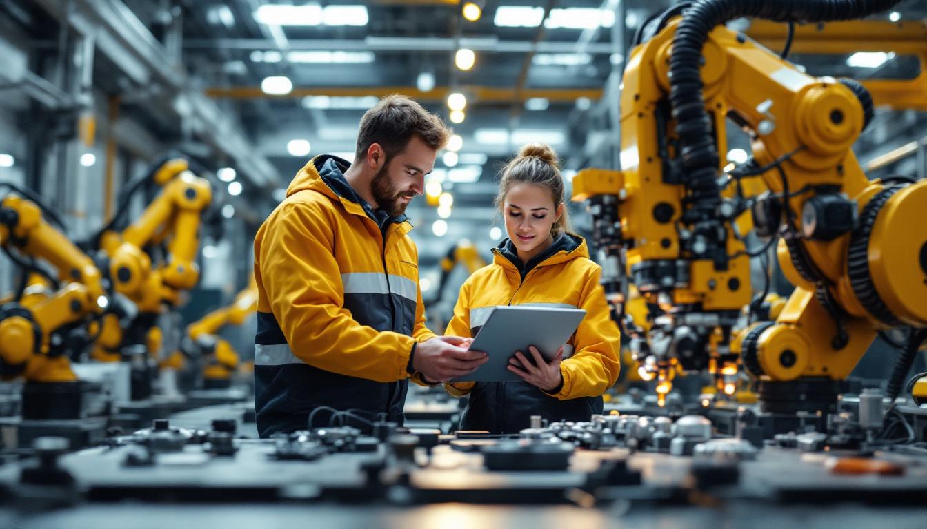A photograph of a dynamic industrial setting showcasing a software engineering manager collaborating with a team of engineers around advanced robotic machinery