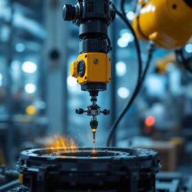 A photograph of a skilled technician operating an industrial robotic arm while using a walking stick tool