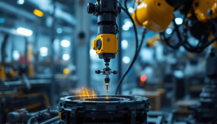 A photograph of a skilled technician operating an industrial robotic arm while using a walking stick tool