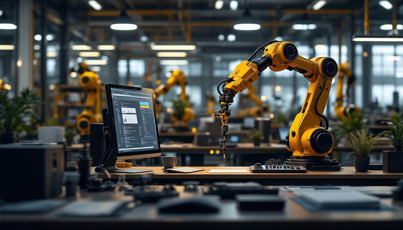 A photograph of a modern industrial workspace featuring a robotic arm in action