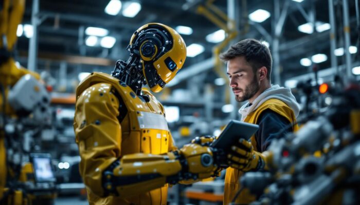 A photograph of a skilled engineer or technician programming a robot in a modern industrial setting
