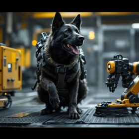 A photograph of a max military dog in action alongside an industrial robotic unit