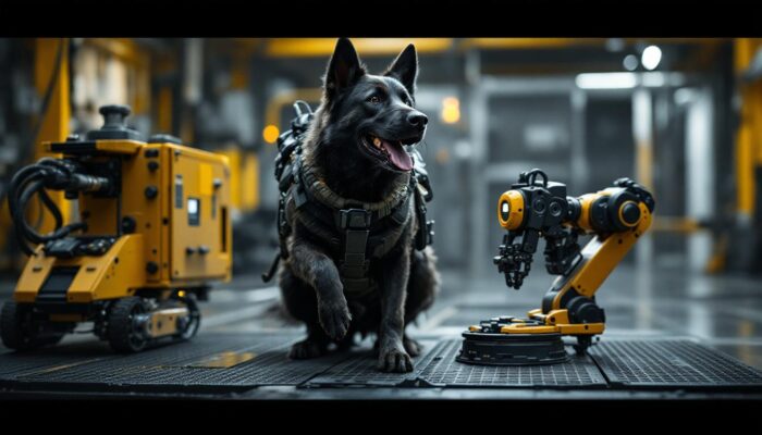 A photograph of a max military dog in action alongside an industrial robotic unit
