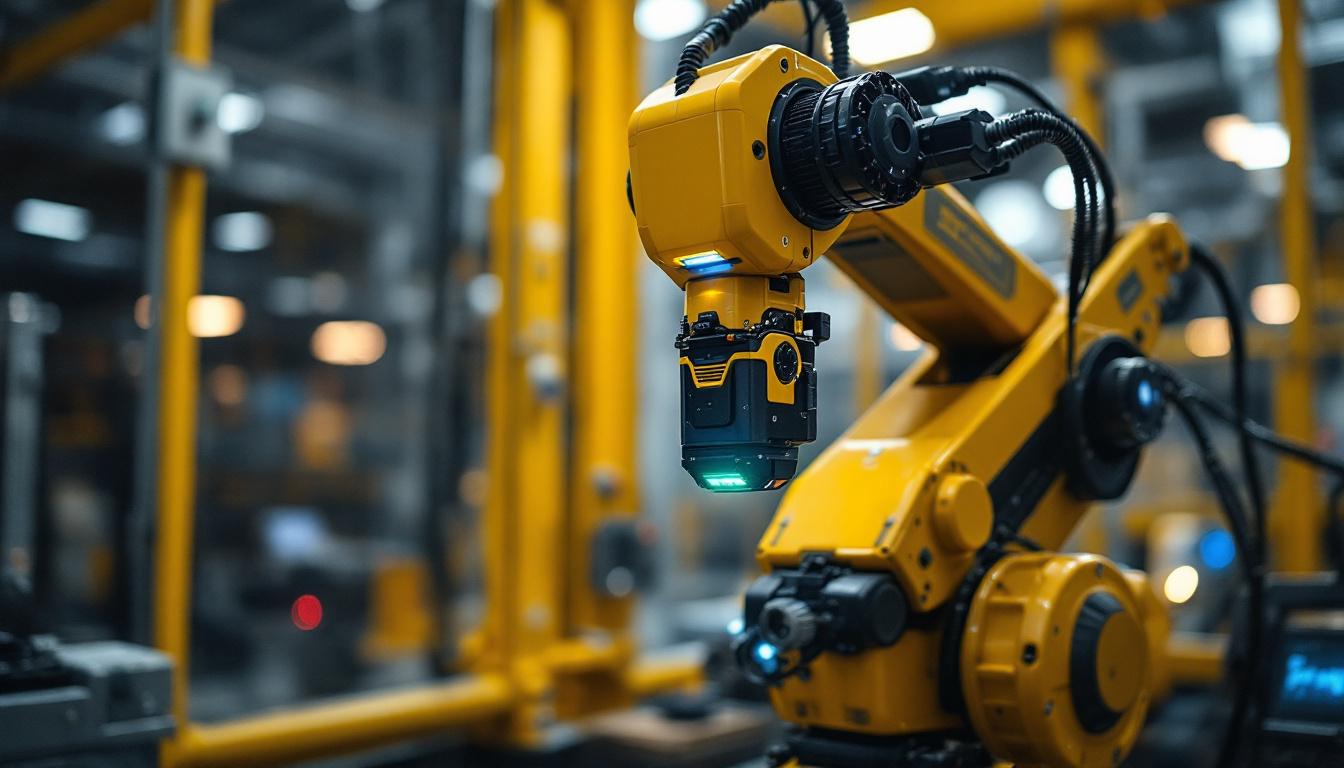 A photograph of capture a photograph of an industrial robot equipped with a lidar sensor in action