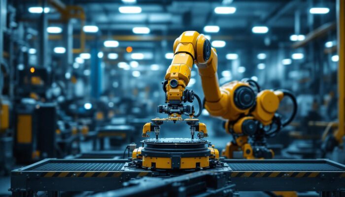 A photograph of a dynamic industrial setting featuring a robotic arm in action
