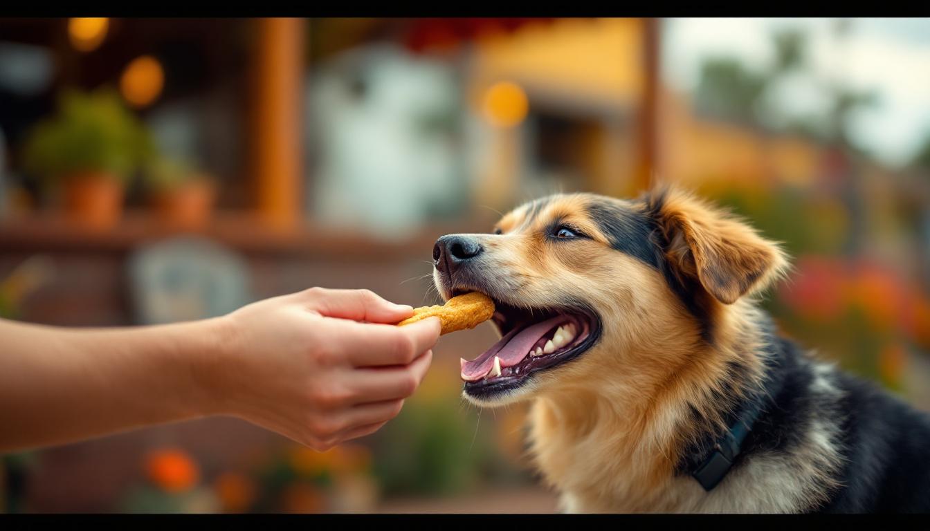 A photograph of a happy dog eagerly enjoying a canine carry outs treat