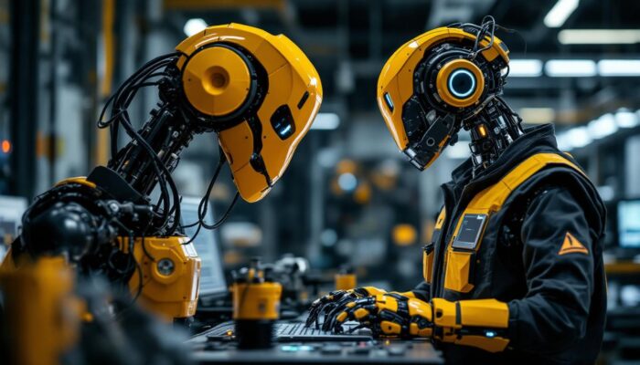 A photograph of a skilled software developer working alongside an industrial robot