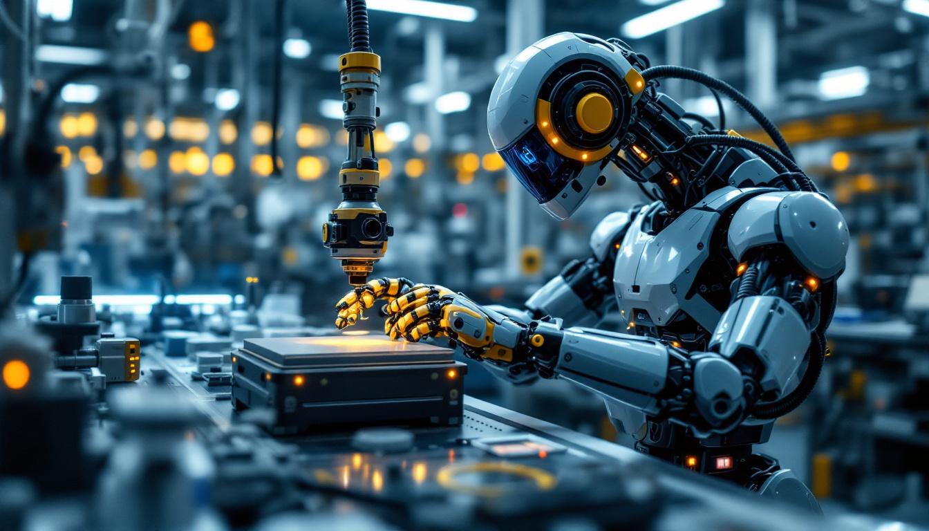 A photograph of a state-of-the-art industrial robot in action within a boston laboratory setting