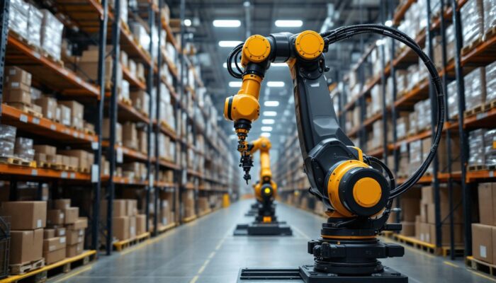 A photograph of a sleek industrial robotic arm in action