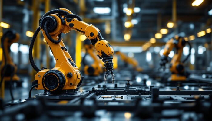 A photograph of a sleek industrial robotic arm in action