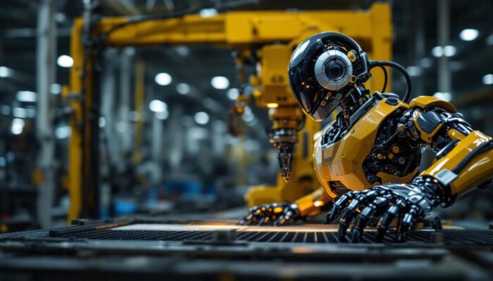 A photograph of a sleek industrial robot in action