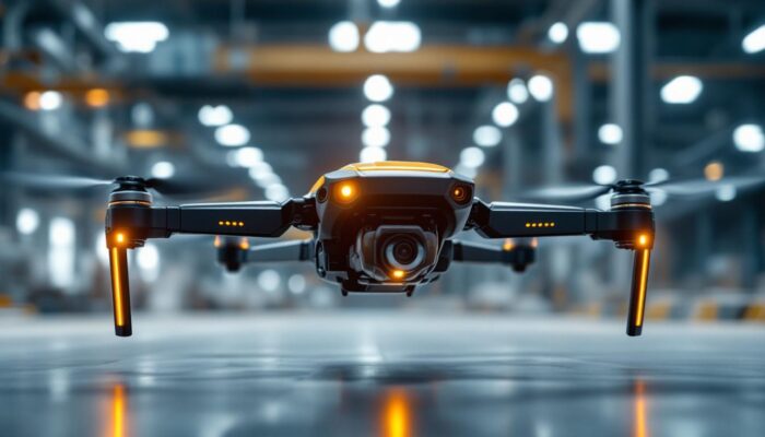 A photograph of a sleek industrial robotic drone in action