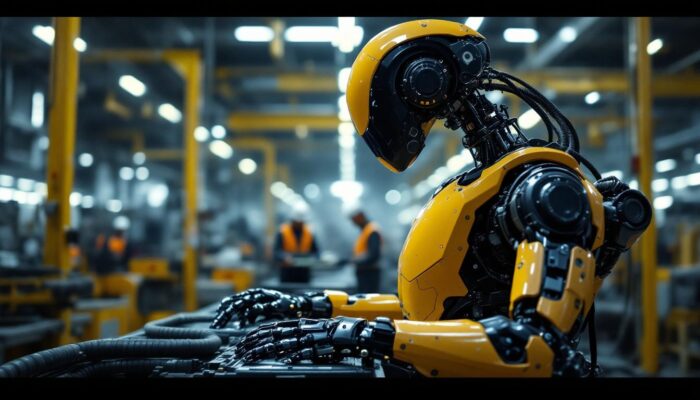 A photograph of a sleek industrial robot in action within a manufacturing environment