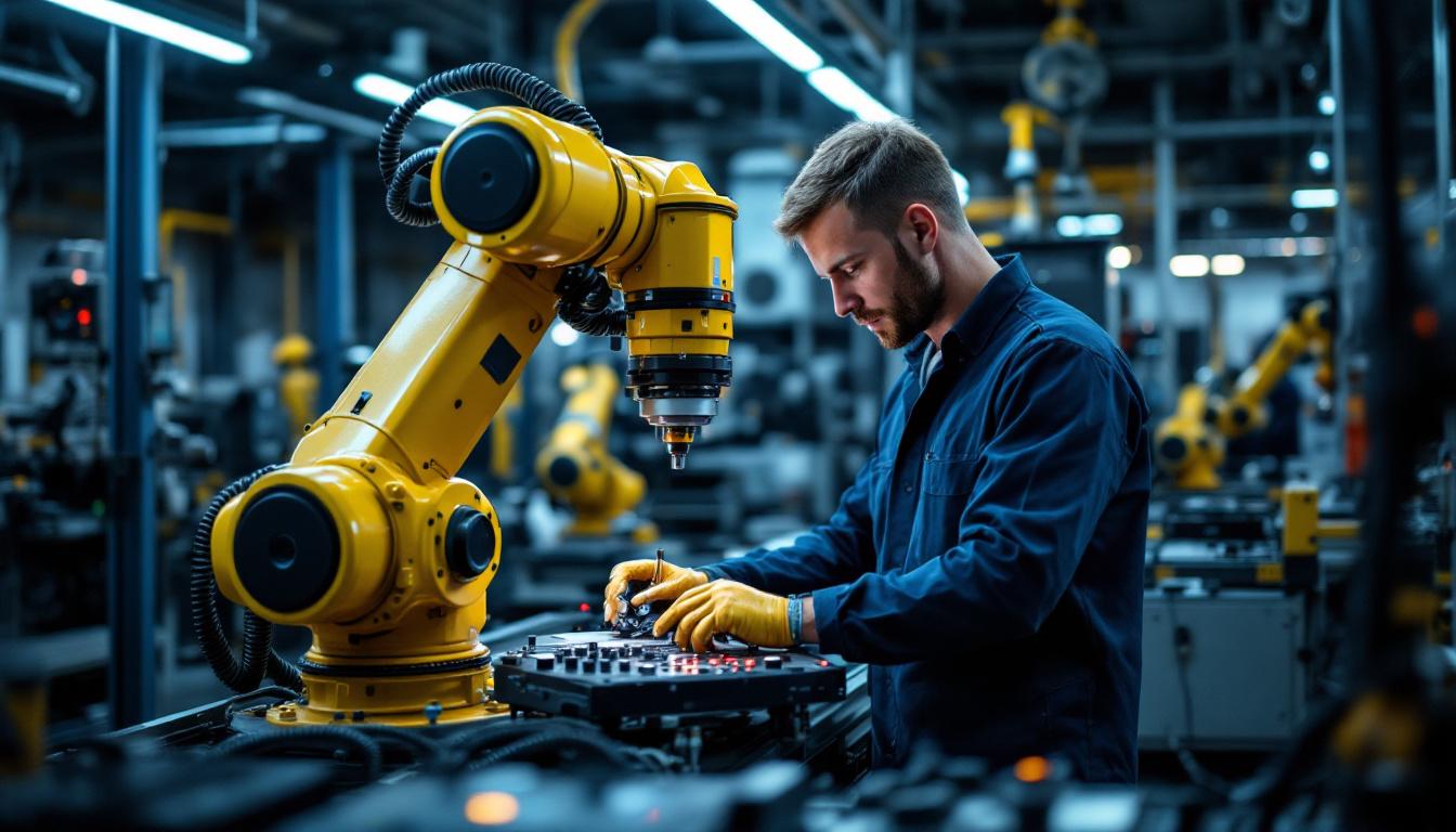 A photograph of a skilled technician operating an industrial robotic arm in a modern audio manufacturing facility