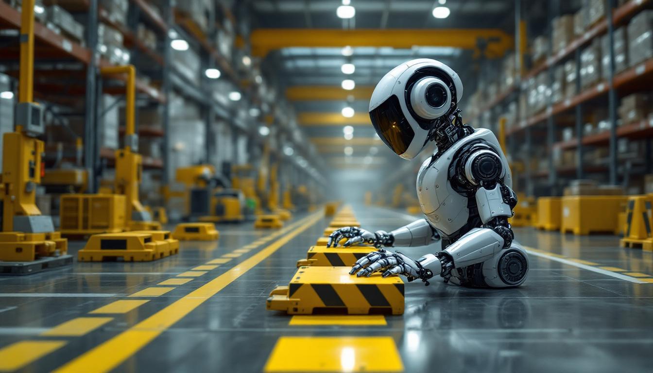 A photograph of a sleek industrial robot navigating through a dynamic warehouse environment