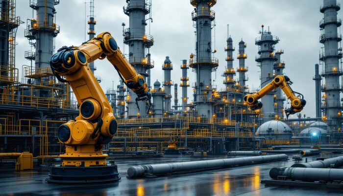 A photograph of a chevron refinery site showcasing industrial robots in action